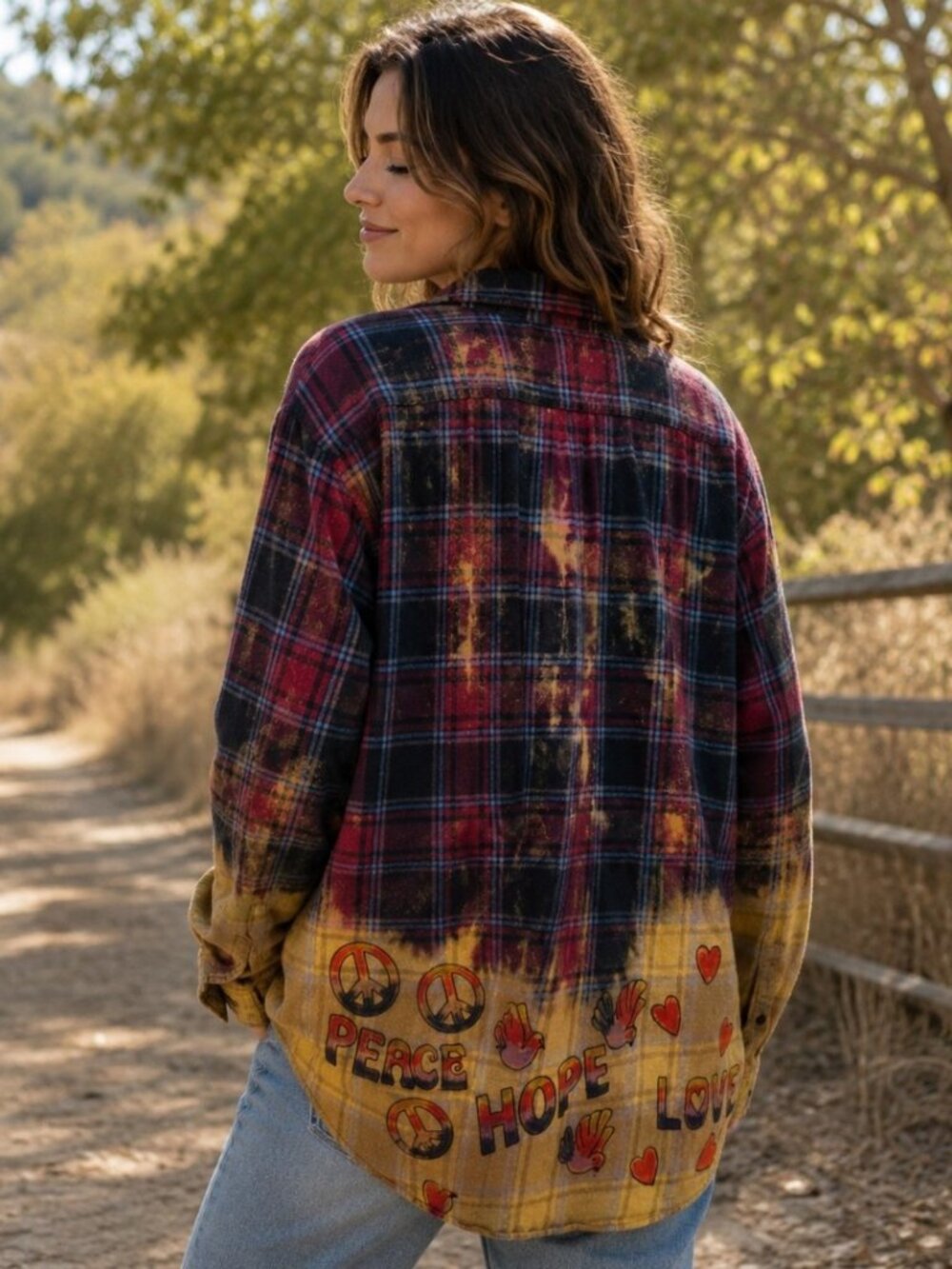 Upcycled Hand Painted Peace Love Hope Flannel Shirt - Bleached Burgundy Black L
